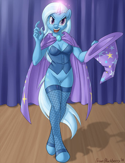 anthro anthrofied bedroom_eyes biped blue_body blue_fur blue_hair bottomless bottomless_anthro bottomless_female breasts casual_exposure cleavage clothed clothing cutie_mark female fishnet_clothing fur genitals hair half-closed_eyes hat headgear headwear hooves horn legwear long_hair looking_at_viewer magic narrowed_eyes open_mouth purple_eyes seductive smile solo stage standing stockings vulva brian_mcpherson friendship_is_magic hasbro my_little_pony mythology trixie_(mlp) equid equine mammal mythological_creature mythological_equine unicorn 2014