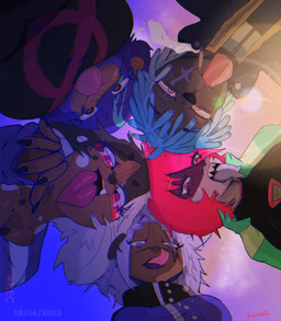 anthro big_breasts breasts cigarette cigarette_in_mouth female group group_photo huge_breasts lens_flare male object_in_mouth pose smile smiling_at_viewer sunset tongue tongue_out dumbkyttin katy_(dumbkyttin) kyt_(dumbkyttin) memo_(dumbkyttin) miki_(dumbkyttin) ven_(dumbkyttin) animal_humanoid aquatic canid canine cat_humanoid felid felid_humanoid feline feline_humanoid fish haplorhine humanoid hybrid lagomorph mammal mammal_humanoid monkey primate shark absurd_res hi_res