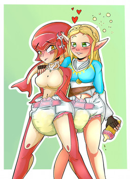 alcohol beverage blonde_hair blush bodily_fluids bottle bubble clothed clothing container diaper diaper_only drunk drunk_bubble duo female female/female fin genital_fluids green_eyes hair hand_on_another's_arm head_fin heart_symbol holding_bottle holding_container holding_object jewelry necklace pointy_ears princess red_body red_scales royalty scales substance_intoxication tongue tongue_out topless unclean_diaper urine used_diaper using_diaper wearing_diaper wet_diaper wetting wetting_diaper yellow_eyes aweye-ff breath_of_the_wild nintendo the_legend_of_zelda mipha princess_zelda aquatic fish hylian zora hi_res