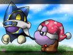 ambiguous_gender blush clothed clothing duo fool's_hat grass hat headgear headwear looking_back not_furry outside plant star box_xod kirby_(series) nintendo magolor marx_(kirby) waddling_head 2013