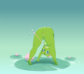 anthro blue_background blue_eyes blue_pupils blush breasts butt featureless_breasts female flower genitals gradient_background green_background green_body green_markings lily_pad long_tongue looking_at_viewer markings nub_tail pink_flower pink_tongue plant pupils shadow simple_background solo tongue tongue_out vulva water miu amphibian arthropod fly_(animal) frog insect 2023 hi_res