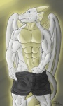 abs anthro biceps big_muscles clothed clothing clothing_pull front_view grin hand_in_underwear horn looking_at_viewer male membrane_(anatomy) membranous_wings muscular muscular_anthro muscular_male navel pecs pose smile solo tail teasing topless underwear underwear_pull undressing white_body white_skin wings yellow_horn xxzerkkandragonxx european_mythology mythology altoryu dragon mythological_creature mythological_scalie reptile scalie western_dragon 2012