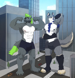 anthro armpit_hair armpit_tuft black_claws black_nipples blue_hair body_hair bulge chest_hair chest_tuft claws clothed clothing duo green_eyes green_hair hair leg_markings looking_at_another macro male markings muscular muscular_anthro muscular_male nipples pink_nipples socks_(marking) tuft underwear underwear_only yellow_claws yellow_eyes galgloris1 drezy ritzywolf canid canine canis mammal wolf absurd_res hi_res