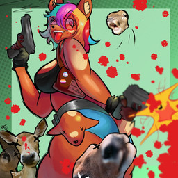 anthro black_clothing black_crop_top black_nose black_shirt black_topwear blonde_hair blood blue_hair bodily_fluids breasts brown_body brown_fur clothing crop_top eyewear female fingerless_gloves fur glasses gloves green_background gun hair handgun handwear holding_gun holding_handgun holding_object holding_pistol holding_ranged_weapon holding_weapon humanoid_hands inner_ear_fluff lesbian_pride_colors lgbt_pride looking_back medium_hair multicolored_hair photo pistol pride_colors purple_hair ranged_weapon red_hair round_glasses shirt short_tail simple_background solo tail tan_body tan_fur tan_inner_ear_fluff text thick_thighs tongue tongue_out topwear transgender_pride_colors tuft weapon it_doodles melody_nosurname deer mammal 1:1 digital_drawing_(artwork) digital_media_(artwork) english_text hi_res trans_(lore) trans_woman_(lore)