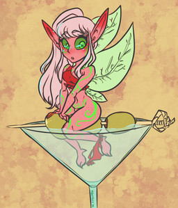 alcohol beverage clothing clothing_aside cocktail_glass container cup drinking_glass female food freckled_arms freckled_face freckled_hips freckles glass glass_container glass_cup green_eyes green_sclera hair humanoid_pointy_ears pear-shaped_figure pink_hair pointy_ears pose solo swimwear swimwear_aside tattoo toothpick wide_hips womb_tattoo bukopanda fairy humanoid pinup