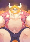 anthro beard belly big_belly blonde_hair bottomwear bulge clothed clothing eyes_closed eyewear facial_hair glasses hair kemono male mature_male open_clothing open_shirt open_topwear overweight overweight_male pink_clothing pink_topwear shirt shorts sitting solo topwear white_body l4zily undertale undertale_(series) asgore_dreemurr boss_monster_(undertale) bovid bovine caprine mammal 2022 absurd_res hi_res