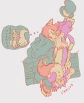 blush clothing cuddling hand_on_belly hat head_on_belly headgear headwear male nibbling nibbling_tail paws sleeping tail torn_clothing yanep pinocchio "honest"_john_foulfellow gideon_(pinocchio) canid canine domestic_cat felid feline felis fox mammal