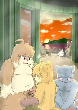 anthro balls blush covering covering_crotch covering_self erection foreskin frown genitals gesture group hand_gesture humanoid_genitalia humanoid_penis landscape male male/male moobs naughty_face nude obese obese_male overweight overweight_male partially_submerged penis pointing public_bath reclining retracted_foreskin sitting standing steam sunset tongue tongue_out yuskenn aquatic canid canine canis cetacean dolphin domestic_dog mammal monotreme oceanic_dolphin orca platypus toothed_whale hi_res