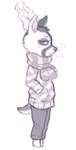 anthro biped bottomwear breath clothed clothing cold facial_markings frown fully_clothed fur half-closed_eyes hand_in_pocket head_markings horn looking_at_viewer male markings narrowed_eyes pants pockets scarf shirt simple_background solo standing topwear white_background crookedtrees animal_crossing nintendo zell_(animal_crossing) antelope blackbuck bovid mammal true_antelope greyscale monochrome