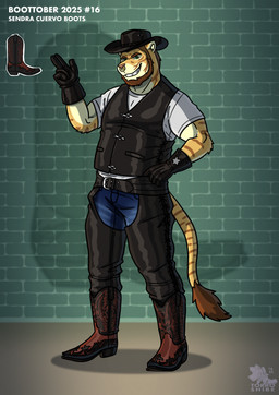 anthro beard belt biceps black_belt black_boots black_chaps black_clothing black_cowboy_hat black_footwear black_gloves black_handwear black_hat black_headwear black_leather black_topwear black_vest blue_bottomwear blue_clothing blue_jeans blue_pants boots bottomwear brick brick_background brick_wall brown_beard brown_boots brown_clothing brown_facial_hair brown_footwear brown_hair brown_sideburns chaps clothing cocky cocky_grin cowboy cowboy_boots cowboy_hat cowboy_outfit denim denim_bottomwear denim_clothing eyebrows facial_hair facial_piercing flirting flirting_look flirting_with_viewer footwear fur gloves green_eyes grin grinning_at_viewer hair handwear hat headgear headwear jeans leather leather_boots leather_chaps leather_clothing leather_daddy leather_footwear leather_gloves leather_handwear leather_hat leather_headgear leather_headwear leather_topwear leather_vest looking_at_viewer male manly markings muscular muscular_anthro muscular_male nose_piercing nose_ring orange_body orange_fur pants piercing pose ring_piercing shadow shirt shoes sideburns smile smiling_at_viewer solo standing striped_body striped_fur striped_markings striped_tail stripes tail tail_markings thick_eyebrows topwear vest wall_(structure) white_clothing white_shirt white_topwear torrosketch felid hybrid liger mammal pantherine hi_res