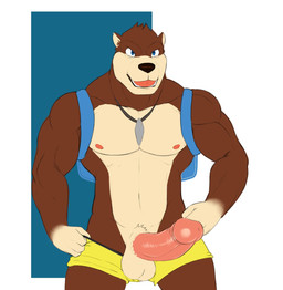 anthro backpack balls biped bottomwear bottomwear_down clothed clothing erection foreskin front_view genitals humanoid_genitalia humanoid_penis jewelry looking_at_viewer male muscular muscular_anthro muscular_male naughty_face nipples open_mouth pants pants_down partially_clothed pecs pendant penis retracted_foreskin shorts smile solo standing tight_clothing topless seyrmo banjo-kazooie rareware banjo_(banjo-kazooie) bear brown_bear mammal ursine hi_res