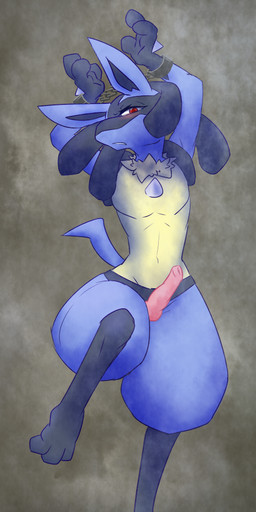 3_fingers annoyed anthro biped blue_body blue_fur blush bound cuff_(restraint) dreadlocks erection exposed fingers fur genitals half-closed_eyes handcuffs humanoid_pointy_ears knot long_ears looking_at_viewer male metal_cuffs narrowed_eyes neck_tuft nude on_one_leg penis pointy_ears raised_arm red_eyes restraints shackles slim solo spikes standing submissive submissive_male tail tuft wide_hips maphika nintendo pokemon canid canine generation_4_pokemon lucario mammal pokemon_(species) 2014
