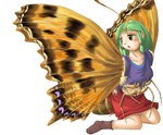 bottomwear clothing female footwear green_eyes green_hair hair kneeling legwear long_hair open_mouth shirt simple_background skirt socks solo surprise topwear torn_clothing transformation white_background wings edmol animal_humanoid arthropod butterfly humanoid insect lepidopteran 2004