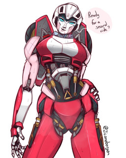 dialogue female front_view hand_on_hip machine not_furry propositioning red_body simple_background solo standing talking_to_viewer text white_background zicaneborgen hasbro takara_tomy transformers arcee cybertronian humanoid robot robot_humanoid 2023 4:5 english_text portrait three-quarter_portrait