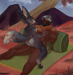anthro armor bodily_fluids breasts cheek_tuft cowgirl_position cum duo ear_piercing ear_ring ejaculation facial_tuft female fluffy fluffy_tail from_front_position genital_fluids hand_holding looking_at_another male male/female markings on_bottom on_top outside outside_sex pawpads paws penetration piercing plant ring_piercing sex size_difference sleeping_bag small_breasts striped_markings stripes tail towel tree tuft vaginal vaginal_penetration flabberd blizzard_entertainment warcraft canid human mammal vulpera