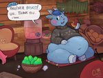 anthro belly blue_body blue_fur bottomless clothed clothing detailed_background eating food fruit fur male navel overweight overweight_anthro overweight_male pear plant solo weight_gain plushclover animal_crossing nintendo sherb_(animal_crossing) bovid caprine goat mammal