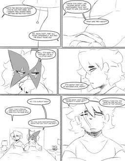 anthro bed bedroom clothing covering covering_mouth dialogue duo facial_hair facial_scar female furniture hand_holding lamp looking_up male nightstand scar shirt talking_to_another topwear spicykiwi nintendo pokemon thomas_(spicykiwi) tulip_(spicykiwi) generation_9_pokemon human mammal meowscarada pokemon_(species) absurd_res comic hi_res story