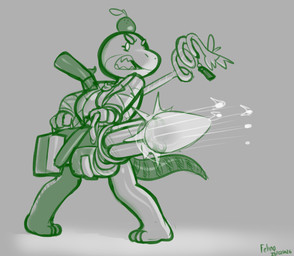 3_toes action_pose angry anthro big_breasts breasts cleavage clothed clothing dot_eyes feet female food fruit gatling_gun gun holding_gun holding_object holding_ranged_weapon holding_weapon machine_gun markings minigun open_mouth plant pose ranged_weapon scales sharp_teeth shooting_gun simple_eyes solo striped_body striped_markings striped_scales striped_tail stripes tail tail_markings teeth toes weapon felino pixile_studios super_animal_royale fan_character lizard reptile scalie super_lizard_(sar) 2026 hi_res restricted_palette sketch