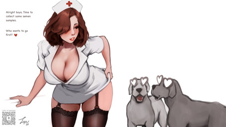 accessory big_breasts black_nose bottomwear breasts brown_hair butt cleavage clothed clothing clothing_lift dialogue female female_human feral fur garter grey_body grey_fur group hair heart_eyes heart_symbol imminent_bestiality inviting legwear lingerie looking_at_another nurse_clothing nurse_uniform open_mouth presenting presenting_hindquarters qr_code simple_background skirt skirt_lift solo_focus stockings teeth text trio uniform white_background white_body white_skin lupaningyo canid canine canis domestic_dog human mammal 16:9 2025 4k absurd_res english_text hi_res signature url widescreen
