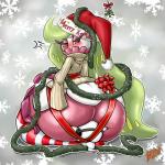 big_butt blush bow_(decoration) bow_(feature) bow_ribbon butt butt_bow christmas_clothing christmas_headwear clothing cross-popping_vein duo electronics facesitting female gift_bow gift_wrapped hat headgear headphones headwear holiday_message holidays huge_butt iconography kissing_bough legwear looking_back mistletoe mistletoe_bow not_furry pattern_clothing pattern_legwear plant pokemorph pom_gift_bow pom_hat print_clothing print_hat print_headgear print_headwear purple_eyes ribbons santa_hat sitting_on_another striped_clothing striped_legwear stripes sweater text text_on_clothing text_on_hat text_on_headwear text_print topwear vein bendacriss christmas nintendo pokemon chaoz_(chaozdesignz) elemental_creature flora_fauna generation_7_pokemon ghost humanoid pokemon_(species) spirit tsareena 1:1 hi_res