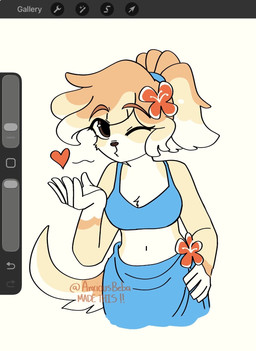 5_fingers anthro art_program_in_frame bikini bikini_bralette bikini_dress bikini_skirt bikini_top blowing_kiss breasts cleavage clothed clothing female fingers fur hair heart_symbol long_hair navel one_eye_closed orange_body orange_fur ponytail solo swimwear tail two-piece_swimsuit anxiousbeba bluey_(series) ludo_studio frisky_(bluey) bird_dog canid canine canis cocker_spaniel domestic_dog hunting_dog mammal spaniel digital_media_(artwork) hi_res