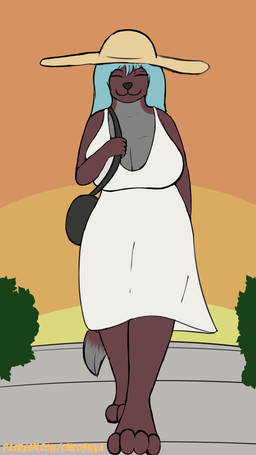 anthro big_breasts breasts clothing dress female hat headgear headwear outside solo sun_hat sundress sunset walk_cycle walking wide_brim_hat enroshiva canid canine fox mammal 9:16 animated hi_res loop