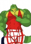 abs anthro biceps big_muscles biped bottomwear clothing crocodile crocodilian crocodylid hi_res looking_at_viewer male muscular muscular_anthro muscular_male pecs pose reptile scales scalie shirt shorts simple_background solo standing tank_top topwear wani white_background yellow_eyes yongdasom