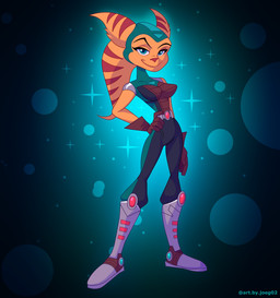 anthro belt blue_eyes boots breasts clothing female footwear fur gloves hair hand_on_hip handwear headgear headwear jumpsuit looking_at_viewer ponytail shoes simple_background smile smiling_at_viewer solo striped_ears stripes tight_clothing utility_belt yellow_body yellow_fur art.by.joeg02 ratchet_and_clank sony_corporation sony_interactive_entertainment angela_cross alien lombax mammal 2025 hi_res signature