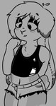 anthro blush bottomwear clothing droopy_eyes floppy_ears hotpants long_ears male nub_tail shirt shorts solo tank_top topwear lucentleader sunny_(lucentleader) lagomorph leporid mammal rabbit 2021 hi_res monochrome sketch