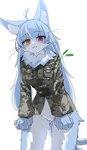 5_fingers :3 ahoge anthro blue_body blue_ears blue_fur blue_hair blue_inner_ear blue_tail bottomless bottomless_anthro bottomless_female breasts brown_clothing brown_jacket brown_topwear camo camo_clothing camo_jacket camo_print camo_topwear cat_teaser cat_toy cheek_tuft clothed clothing countershade_face countershade_fur countershade_legs countershade_neck countershading crossgender cute_fangs eyelashes facial_tuft fangs featureless_crotch female female_anthro fingers fluffy forked_tail front_view fur hair heterochromia humanoid_hands inner_ear_fluff jacket jacket_only kemono leaning leaning_forward long_hair looking_at_viewer low-angle_view monotone_hair monotone_tail mtf_crossgender multicolored_body multicolored_fur neck_tuft pattern_clothing pattern_topwear pockets pupils red_eyes simple_background slit_pupils small_breasts snaggle_tooth solo standing tail teeth topwear topwear_only tuft two_tone_body two_tone_fur unusual_anatomy unusual_tail whiskers white_background white_body white_countershading white_fur white_inner_ear_fluff yellow_eyes suzuki-shi japan_air_self-defense_force omaneko_(jasdf) domestic_cat felid feline felis mammal 2023 colored digital_media_(artwork) hi_res portrait shaded three-quarter_portrait male_(lore)