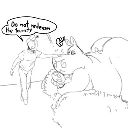 anthro big_butt butt clothed clothing dialogue female fully_clothed group hug male male/female motion_lines plant shrub smack speech_bubble text toothy_smile trio shamelesss dreamworks madagascar_(series) anon gloria_(madagascar) common_hippopotamus hippopotamid human mammal 1:1 2025 english_text monochrome