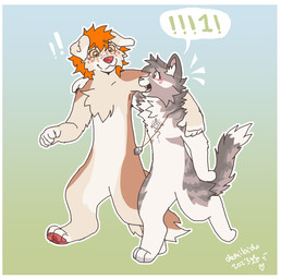 ambiguous_gender anthro border brown_body brown_fur collar duo floppy_ears freckles fur hair orange_hair stripes tattoo white_border demibido amto_(demibido) canid canine canis domestic_cat domestic_dog felid feline felis hybrid mammal hi_res