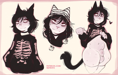alternative_fashion animal_genitalia anthro balls black_hair bottomless clothed clothing clothing_lift collar eye_bags fully_sheathed genitals hair hat headgear headwear male multiple_poses partially_clothed pose sheath simple_background smile solo sweater sweater_lift tired_eyes topwear nepentz domestic_cat felid feline felis mammal absurd_res hi_res huge_filesize