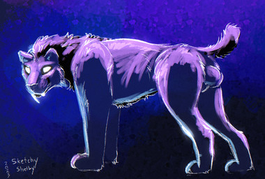 animal_genitalia balls big_balls big_fangs cheek_tuft empty_eyes facial_tuft fangs feral fur genitals looking_at_viewer male male_feral purple_balls purple_body purple_fur sheath side_view simple_background solo teeth tuft sketchy_shelby felid mammal 2023 dated hi_res signature