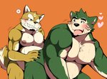 anthro belly blush duo fur green_body green_fur heart_symbol humanoid_hands male male/male moobs musclegut muscular nipples orange_background overweight overweight_male simple_background size_difference small_dom_big_sub bearlovestiger13 lifewonders live_a_hero mokdai procy canid canine canis domestic_dog mammal 2020