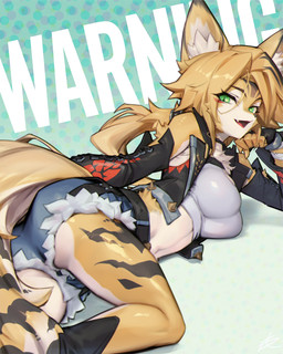 anthro armlet armwear belt big_breasts blonde_hair bottomwear breasts butt chest_tuft choker clothing crop_top denim denim_bottomwear denim_clothing denim_shorts eyebrows eyelashes female fur glistening glistening_thighs green_eyes hair inner_ear_fluff jewelry long_hair lying midriff necklace on_side open_mouth ponytail shirt shorts solo tan_body tan_fur topwear tuft yellow_body yellow_fur pt_crow_(artist) mihoyo zenless_zone_zero pulchra_fellini felid feline felis mammal sand_cat thiren 2026 4:5 hi_res