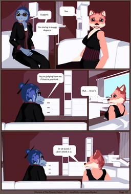 anthro blush clothed clothing computer desk dialogue duo electronics female furniture office sitting sofa table text uniform work_clothes mynka lennox_(mynka) raelynn_(mynka) amphibian canid canine canis fox mammal salamander 3d_(artwork) comic digital_media_(artwork) english_text hi_res trans_(lore) trans_woman_(lore)