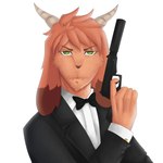 007 1:1 absurd_res anthro black_tie_(suit) bovid bow_tie caprine clothed clothing fangs fully_clothed goat gun half-length_portrait hi_res holding_object holding_weapon horn jakinsstudio james_bond looking_at_viewer male mammal portrait pose ranged_weapon silencer simple_background solo suit teeth weapon white_background william_gruff_(claydon_delve)