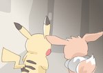 2018 ambiguous_gender brown_body duo eevee faceless_character generation_1_pokemon get_it_go manatsu_no_yo_no_inmu neck_tuft nintendo pikachu pokemon pokemon_(species) rear_view red_cheeks tuft yellow_body