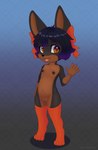 accessory anthro areola biped black_body black_hair black_nose bow_ribbon brown_body brown_countershading brown_markings clothing countershade_face countershade_torso countershading digitigrade female flat_chested genitals gesture gloves_(marking) hair hair_accessory hair_bow hair_ribbon legwear legwear_only looking_at_viewer markings mostly_nude multicolored_body navel nipples open_mouth pussy red_clothing red_legwear red_stockings ribbons short_hair simple_background solo standing stockings stockings_only toddler tongue two_tone_body waving waving_at_viewer young young_anthro young_female jamesfoxbr canid canine canis dobermann domestic_dog mammal pinscher 2025 hi_res