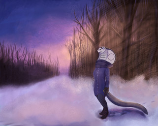 anthro clothed clothing coat day dusk female forest gloves handwear long_tail looking_forward mouth_closed outside plant scenery shadow sky snake_hood snow solo standing tail topwear tree winter leprzil laura_(leprzil) cobra reptile scalie snake 2023 digital_media_(artwork) hi_res