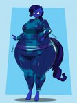 anthro belly big_belly big_breasts blue_eyes blueberry_inflation blush bottomwear breasts clothed clothing eyelashes female hair horn huge_belly inflation onomatopoeia open_mouth solo sound_effects tail text thick_thighs topwear tracksuit wide_hips thaliaglacyswells friendship_is_magic hasbro my_little_pony rarity_(mlp) equid equine horse mammal pony 2024 digital_media_(artwork) english_text hi_res