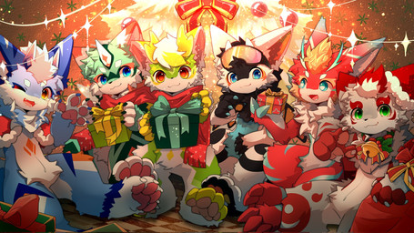 4_fingers :3 anthro bell bell_collar blue_body blue_eyes blue_fur blush blush_lines box chest_tuft christmas_tree clothing collar container cute_fangs eyewear eyewear_on_head fangs fingers footwear fur gesture gift gift_box goggles goggles_on_head green_body green_eyes green_fur grey_body grey_fur group hair hand_gesture holidays kemono looking_at_viewer male multicolored_body multicolored_fur one_eye_closed orange_eyes plant pointing pointing_at_viewer red_body red_clothing red_footwear red_fur red_scarf red_shoes scarf shoes smile smiling_at_viewer teeth translucent translucent_hair tree tuft white_body white_fur wink winking_at_viewer yellow_body yellow_eyes yellow_fur hlg7777 christmas mythology dragonfruit_(character) fructose_(fructose_c) honlem lai_ka rugin arthropod butterfly canid canine canis domestic_dog dragon fox furred_dragon furred_scalie hybrid insect lepidopteran mammal mythological_creature mythological_scalie scalie wolf 2024 cel_shading digital_drawing_(artwork) digital_media_(artwork) hi_res shaded wallpaper