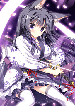 action_pose black_hair blue_eyes blush breasts clothed clothing female hair holding_melee_weapon holding_object holding_weapon legwear long_hair melee_weapon petals pose solo stockings weapon tateha animal_humanoid canid canid_humanoid humanoid mammal mammal_humanoid 2015 digital_media_(artwork) shaded
