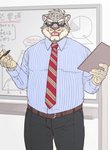 anthro bottomwear clothing detailed_background eyewear glasses humanoid_hands kemono male necktie overweight overweight_anthro overweight_male pants shirt solo topwear ryuta-h felid feline mammal 2016