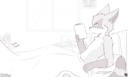 ambiguous_gender anthro bed bedding blanket book clock furniture lying pillow reading solo text under_blanket window senz ancesra_(ancesra) mammal procyonid raccoon absurd_res hi_res url