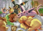 alarm_clock ambiguous_gender bed brown_hair clock clothing eyes_closed feral furniture gear group hair hat headgear headwear nightcap poking sleeping tail sen63 nintendo pokemon canid canine eevee eeveelution espeon flareon generation_1_pokemon generation_2_pokemon generation_4_pokemon glaceon human jolteon leafeon mammal pokemon_(species) umbreon vaporeon