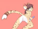 2016 anthro anus biped brown_hair butt cheetah clothed clothing felid feline female fur genitals green_eyes hair hi_res looking_back mammal nude open_mouth pink_background pussy rear_view simple_background skimpy solo yellow_body yellow_fur yukihyo