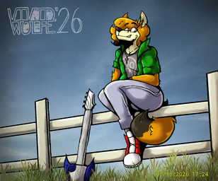 anthro bass_guitar black_body black_fur black_nose bottomwear clothing cross cross_necklace denim denim_bottomwear denim_clothing dipstick_tail facial_tuft female fence footwear fur grass guitar hands_in_lap jeans jewelry looking_at_viewer markings musical_instrument necklace orange_body orange_fur orange_tail outside overshirt pants photo plant plucked_string_instrument shirt shoes sitting sky smile solo string_instrument tail tail_markings teeth time topwear tuft yellow_body yellow_fur vividwolfe jolene_jones canid canine fox mammal 2026 dated digital_drawing_(artwork) digital_media_(artwork) hi_res