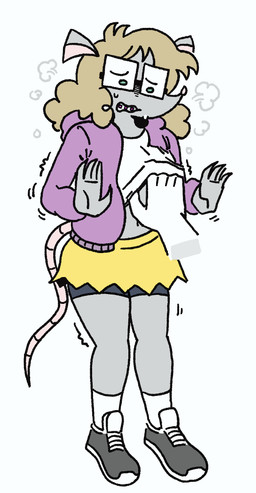 anthro bodily_fluids bottomwear breath brown_hair claws clothed clothing clothing_lift disembodied_hand duo eyewear female footwear glasses green_eyes grey_body hair hoodie sexual_assault shaking shirt shirt_lift shoes skirt sneakers socks solo_focus sweat topwear torso_grab trembling young pwnnie ratgore_(pwnnie) mammal murid murine rat rodent hi_res